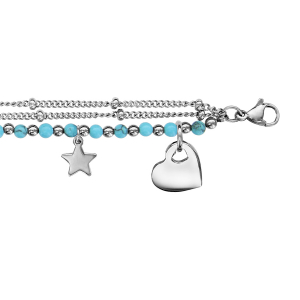 BRACELET ACIER TRIPLE CHAINE AVEC BOULES PERLES TURQUOISES SYNTHETIQUE PAMPILLES 16+3CM