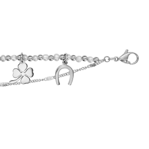 BRACELET ACIER TRIPLE CHAINE BOULES PERLES BLANCHES SYNTHETIQUE PAMPILLES 16+3CM