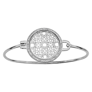 BRACELET ACIER JONC PASTILLE RONDE MOTIF ROSACE CONTOUR RÉSINE ET STRASS BLANC