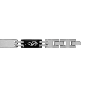 BRACELET ACIER ET PVD NOIR JUNIOR 7MM GRAVURE LASER MOIF TRIBAL 17CM REGLABLE DOUBLE FERMOIR 16CM