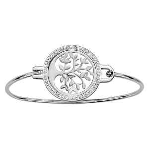 BRACELET ACIER JONC PASTILLE RONDE 53MM X 43MM MOTIF ARBRE DE VIE RÉSINE ET STRASS BLANC