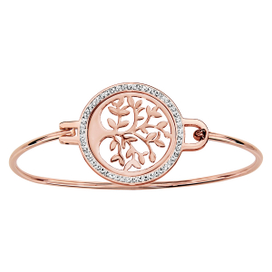 BRACELET ACIER ET PVD ROSE JONC PASTILLE RONDE MOTIF ARBRE DE VIE RÉSINE ET STRASS BLANC