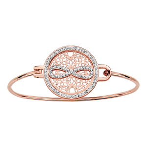 BRACELET ACIER ET PVD ROSE JONC PASTILLE RONDE MOTIF INFINI RÉSINE ET STRASS BLANC