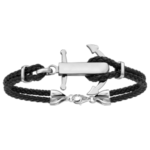BRACELET ACIER DOUBLE CUIR BOVIN NOIR ANCRE MARINE A PERSONNALISER 19+3CM