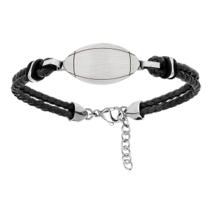 BRACELET ACIER ET CUIR JUNIOR DOUBLE RANG NOIR BALLON DE RUGBY 16CM + 3CM