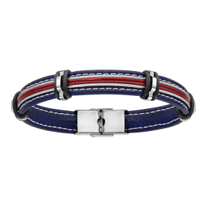 BRACELET ACIER  ET CUIR BOVIN BLEU ET ROUGE 2 CABLES GRIS 20CM