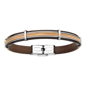 BRACELET ACIER  ET CUIR BOVIN MARRON AVEC 2 CABLES GRIS 20CM