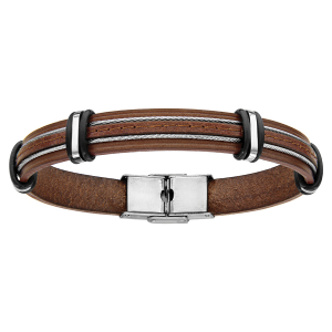BRACELET ACIER  ET CUIR BOVIN MARRON AVEC 2 CABLES GRIS 20CM