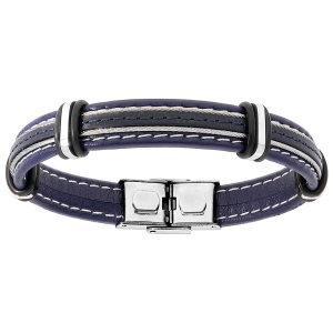 BRACELET ACIER  ET CUIR BOVIN BLEU MARINE  AVEC 2 CABLES GRIS 20CM