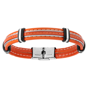 BRACELET ACIER ET CUIR BOVIN ORANGE AVEC 2 CABLES GRIS 20CM