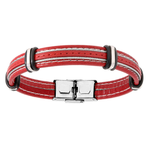BRACELET ACIER ET CUIR BOVIN ROUGE AVEC 2 CABLES GRIS  RÉGLABLE 20CM