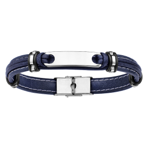 BRACELET ACIER  ET CUIR BOVIN BLEU MARINE AVEC PLAQUE IDD 21CM REGLABLE