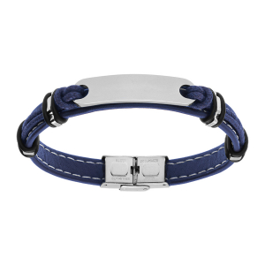 BRACELET ACIER  ET CUIR BOVIN BLEU MARINE AVEC PLAQUE IDD 21CM REGLABLE