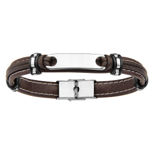 BRACELET ACIER  ET CUIR BOVIN MARRON AVEC PLAQUE IDD 21CM REGLABLE