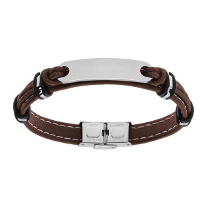 BRACELET ACIER  ET CUIR BOVIN MARRON AVEC PLAQUE IDD 21CM REGLABLE