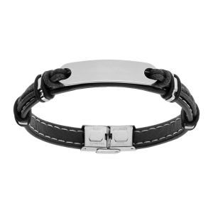 BRACELET ACIER  ET CUIR BOVIN NOIR AVEC PLAQUE IDD 21CM REGLABLE