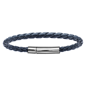 BRACELET ACIER ET CUIR BOVIN TRESSE BLEU MARINE 19CM