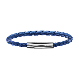 BRACELET ACIER ET CUIR BOVIN TRESSE BLEU MARINE 19CM