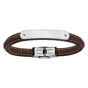 BRACELET ACIER ET CUIR TRESSE BOVIN MARRON PLAQUE IDD 21CM REGLABLE