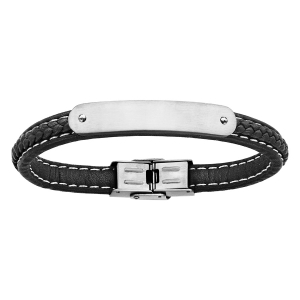 BRACELET ACIER ET CUIR TRESSE BOVIN NOIR PLAQUE IDD 21CM REGLABLE