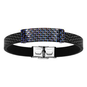 BRACELET ACIER ET PU PLAQUE  CARBONE BLEU 21CM REGLABLE