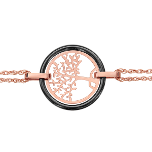 BRACELET ACIER ET PVD ROSE DOUBLE CHAINE ARBRE DE VIE CONTOUR CERAMIQUE NOIRE 16+3CM