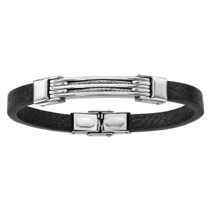 BRACELET ACIER ET CUIR BOVIN NOIR 2 RANGS CABLE GRIS 21CM  REGLABLE