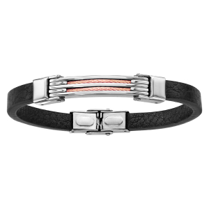BRACELET ACIER ET CUIR BOVIN NOIR 2 RANGS CABLE ROSE 21CM  REGLABLE