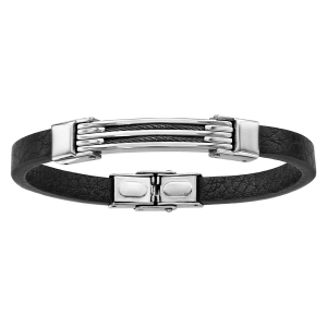 BRACELET ACIER ET CUIR BOVIN NOIR 2 RANGS CABLE NOIR 21CM  REGLABLE