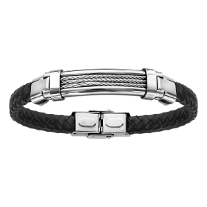 BRACELET ACIER ET CUIR BOVIN NOIR TRESSE 3 RANGS CABLE GRIS 21CM  REGLABLE