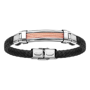 BRACELET ACIER ET CUIR BOVIN NOIR TRESSE 3 RANGS CABLE ROSE 21CM  REGLABLE