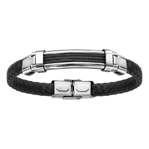 BRACELET ACIER ET CUIR BOVIN NOIR TRESSE 3 RANGS CABLE NOIR 21CM  REGLABLE