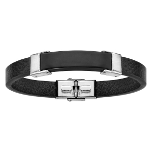 BRACELET ACIER ET CUIR BOVIN NOIR PLAQUE IDD PVD NOIR 21CM REGLABLE