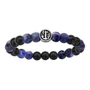 BRACELET ACIER EXTENSIBLE BOULES BOIS NOIRES ET QUARTZ BLEU MOTIF ANCRE MARINE