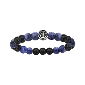 BRACELET ACIER EXTENSIBLE BOULES BOIS NOIR ET QUARTZ BLEU MOTIF ANCRE MARINE