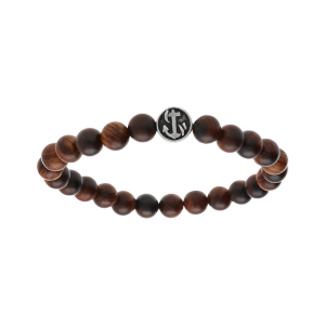 BRACELET ACIER EXTENSIBLE BOULES BOIS MARRON MOTIF ANCRE MARINE