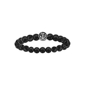 BRACELET ACIER EXTENSIBLE BOULES BOIS NOIRES MOTIF ANCRE MARINE