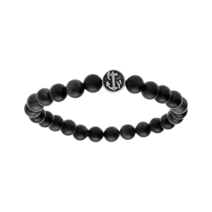 BRACELET ACIER EXTENSIBLE BOULES BOIS NOIR MOTIF ANCRE MARINE
