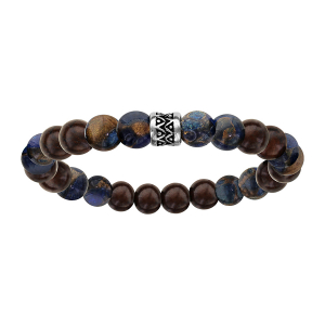 BRACELET ACIER EXTENSIBLE PERLES BOIS ET QUARTZ MARBREES MOTIF PATINE