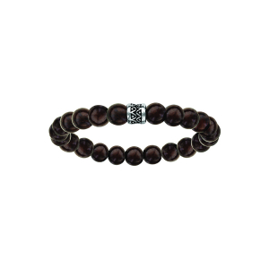 BRACELET ACIER EXTENSIBLE PERLES BOIS MARRON MOTIF PATINE