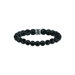 BRACELET ACIER EXTENSIBLE PERLES BOIS NOIRES MOTIF PATINE