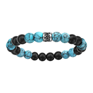 BRACELET ACIER EXTENSIBLE PERLES BOIS NOIRES ET TURQUOISE IMITATION MOTIF PATINE