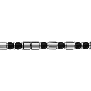BRACELET ACIER MOTIFS SUR CABLE BOULES NOIRES ET CYLINDRE DOUBLE FERMOIR 19+2CM