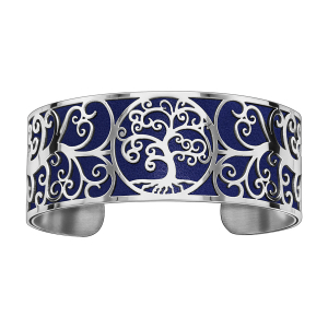 BRACELET ACIER MANCHETTE MOTIF ARBRE DE VIE PU BLEU MARINE