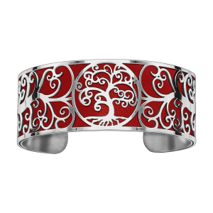BRACELET ACIER MANCHETTE MOTIF ARBRE DE VIE PU ROUGE