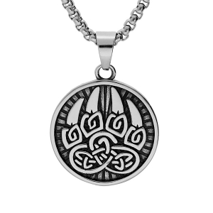 COLLIER ACIER PENDENTIF ROND 35MM VIKING FOND PATINÉ MOTIF PATE D'OURS  52+5CM