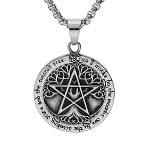 COLLIER ACIER PENDENTIF VIKING ROND 37MM PATINÉ ARBRE DE VIE ET ETOILE 52+5CM