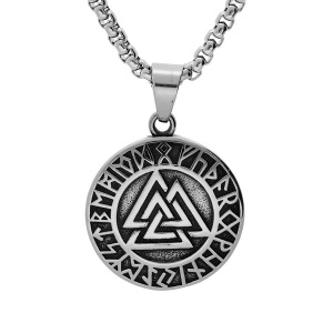 COLLIER ACIER PENDENTIF ROND 35MM VIKING PATINÉ SYMBOLE MYTHOLOGIE NORDIQUE 52+5CM