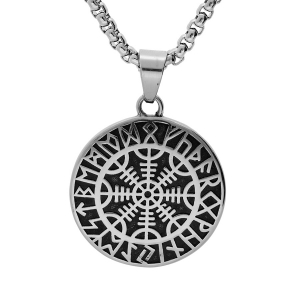 COLLIER ACIER PENDENTIF ROND 35MM VIKING PATINÉ SYMBOLE RUNE CELTIQUE 52+5CM
