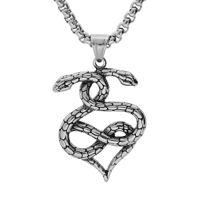 COLLIER ACIER PENDENTIF SERPENT 40*30MM ENROULÉ FORME COEUR PATINÉ 52+5CM